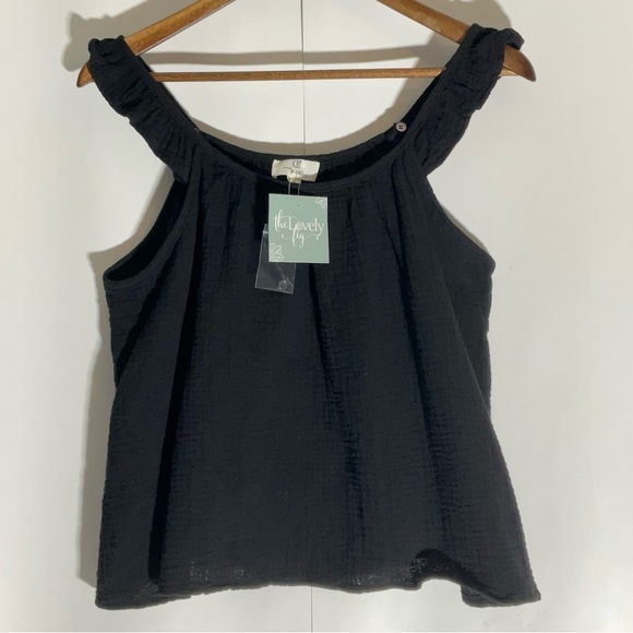 P Cill Black Tank Top w/Adjustable Button Wide Ruffle Straps & Flowing Bodice SM - Picture 5 of 16